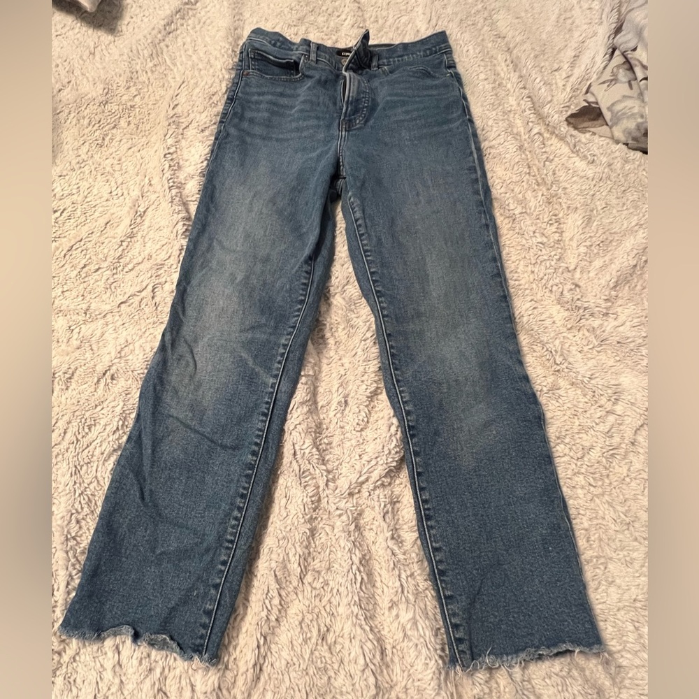 Express high waisted mom style cropped blue jeans